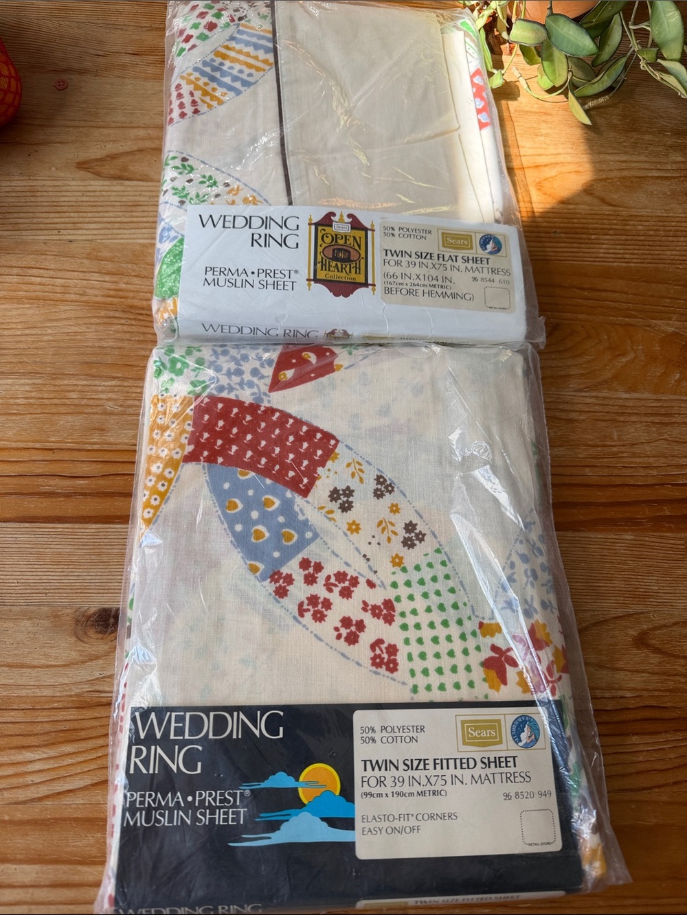 Vintage Sears Wedding Ring Muslin Sheet Set in Cream with Multicolor Patchwork